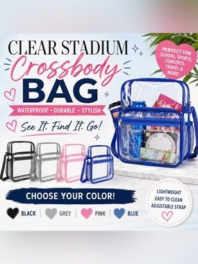 Clear Stadium Crossbody Bag Waterproof PVC Black Grey Blue Pink